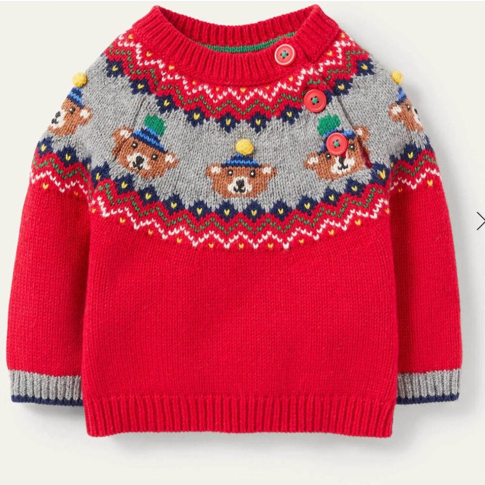 Boden Boy Fair Isle Jumper Rockabilly Red Bears Festive Holiday Sweater